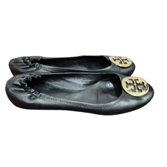 Tory Burch Reva Black Leather Ballet Flats Gold Logo Medallion Size 11 - Picture 4 of 10